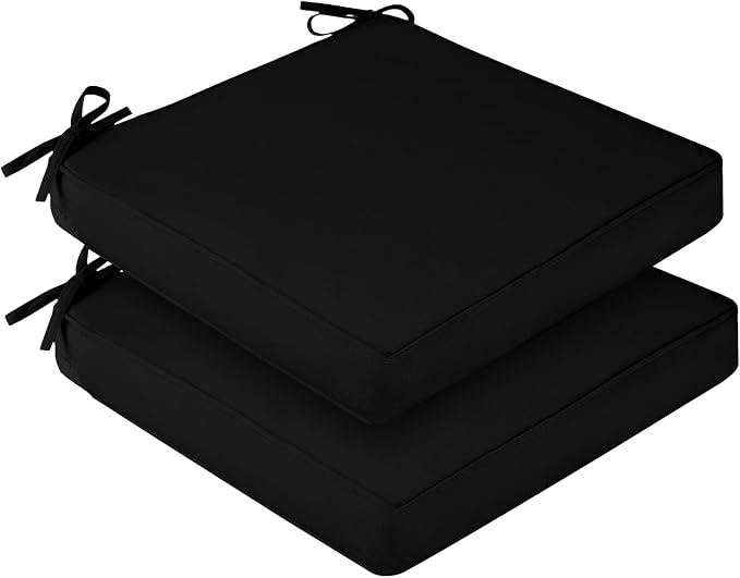 downluxe Waterproof Outdoor Chair Cushions for Patio Furniture, 22" x 22" x 3" Patio Chair Cushion with Adjustable Ties & Portable Handle, Square Outdoor Cushion with Removable Cover, Black, 2 Pack by Downluxe