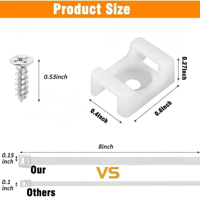 White Cable Zip Tie Mounts Kit-100 Pcs Cable Zip Tie Saddle Type Mounts Base with 100 Pcs 8" Cable Ties and 100 Pcs Tapping Screw, Wire Cable Clips Organizer Holders Clamps - Image 2