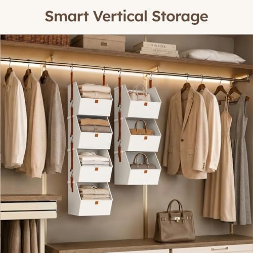 Homsorout Collapsible Hanging Closet Organizer - 3 Tier Closet Shelves Storage System with Hooks, Fabric Hanging Storage Bins for Clothes, Foldable Storage Basket for Laundry, Bedroom, Rv, White - Image 5