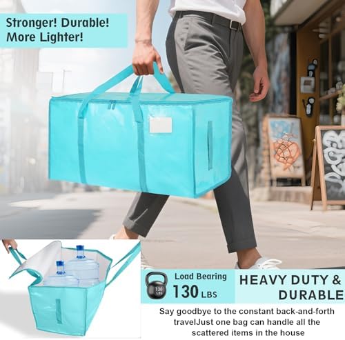 12 Pack-Extra Large Heavy Duty Moving Bags - Waterproof Storage Totes with Handles & Zippers, Foldable for College Dorm, Storage (lake blue) - Image 3