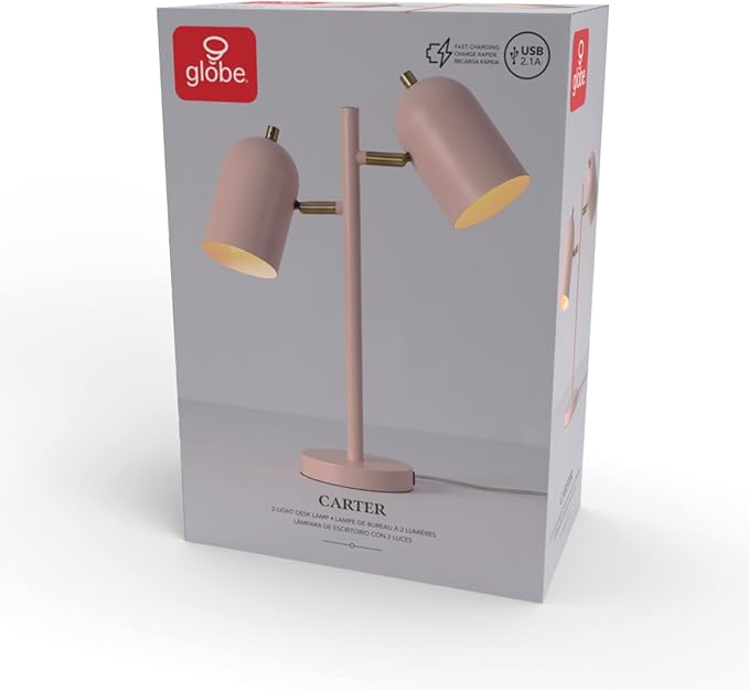 Globe Electric 30290 19" 2-Light Desk Lamp, Matte Pink, Brass Accents, 2.1A USB Port, On/Off Rotary Switch on Each Shade, Reading Light, Dorm Room Essentials, Lamps for Living-Room, Office Décor - Image 11