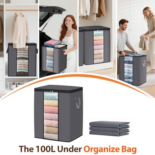 SpaceWhisper 4 Pack 100L Clothes Storage, Foldable Storage Bags, Grey | Thick Fabric, Clear Window, with Reinforced Handle, for Clothing, Blanket, Comforters, Bedding Organizing - Image 6