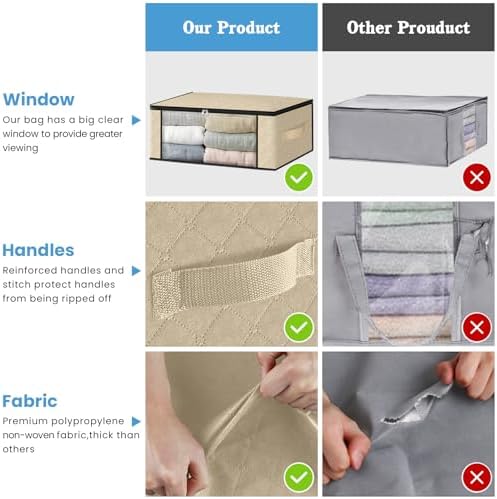 HomeHacks 8-Pack Clothes Organizer Storage Bags, 35L Storage Bins, Beige | Foldable Storage Box Container with Zippers, Clear Window, Reinforced Handles for Closet, Dorm, Pillows, Bedding, Sweater - Image 5