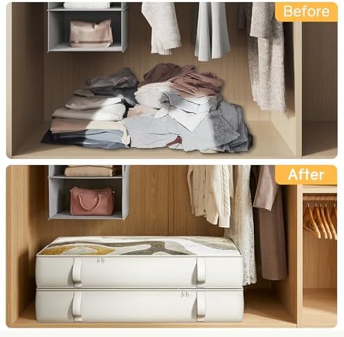2-Pack Under Bed Storage Containers, 6 Inches Tall Clothes Storage, Beige | High Side Collapsible Underbed Organizer Bin with Sturdy Sidewalls/Bottom, Cotton Linen Bins, For Seasonal Clothes & Bedding - Image 5