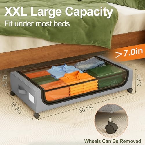 GoMaihe Under Bed Storage with Wheels: 48L Underbed Storage Containers with Lids - Rolling Bins for Shoes Clothes in Dorm Bedroom - Metal Drawers Easy Pull-out Grey 4-Pack - Image 3