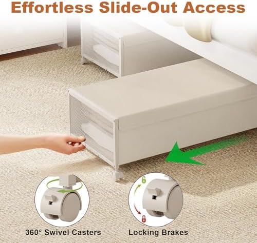 Fokyfok 2Pack Under Bed Storage Containers,10 inch Height,31 inch Long | Under Bed Shoe Storage,Underbed Storage with Wheels,Large Rolling under bed Clothes Storage Drawers,Lid,Dorm Tall,Ivory - Image 3