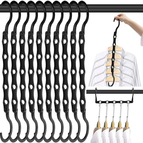 DUCOO Space Saving Hangers 10 Pack, Heavy Duty Magic Cascading Hanger Organizer with 5 Enclosed Anti-Slip Holes, Closet Organizers and Storage for Clothes, College Dorm Room Essentials, Black by Unknown