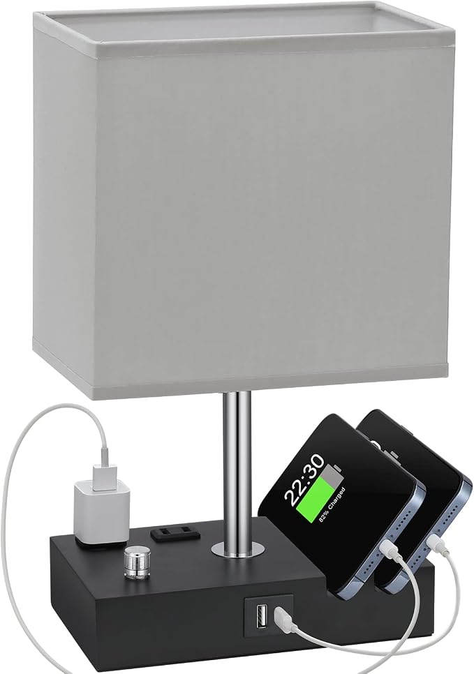 Grey Table Lamp for Bedroom - Stepless Dimmable, USB C+A, 2 AC Outlets | Dimming By Rotary Knob, USB C+A Ports, 2 Phone Stands, LED Bulbs Included, Rectangle Misty Grey Lampshade, for Living Room by KakanuoLightings