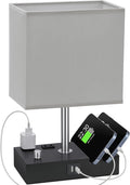 Grey Table Lamp for Bedroom - Stepless Dimmable, USB C+A, 2 AC Outlets | Dimming By Rotary Knob, USB C+A Ports, 2 Phone Stands, LED Bulbs Included, Rectangle Misty Grey Lampshade, for Living Room by KakanuoLightings