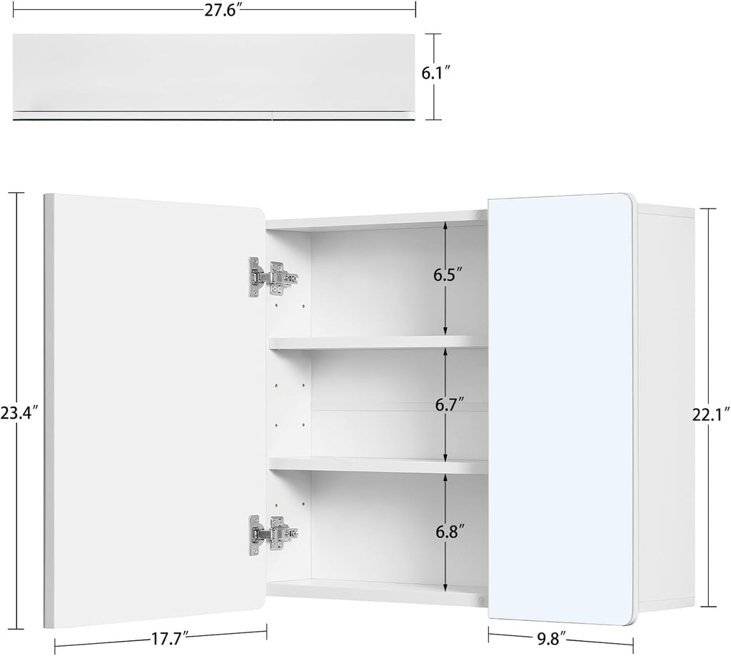 Medicine Cabinet Mirror with 2 Doors, Mount or Recessed Bathroom Wall Cabinet, Bathroom Mirror with Storage 3 Adjustable Shelves, White, 27.6 x 22.1 inch - Image 2