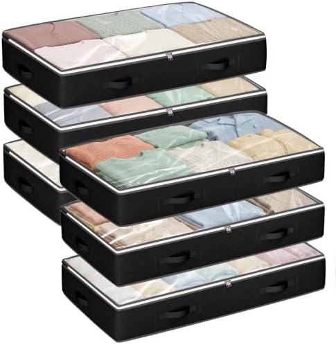 Budding Joy 95L Under Bed Storage Containers, 6 Pack Clothes Storage Bins | Foldable underbed storage bins for linen sheets, blanket, clothing, comforter, sweaters, pillows, wrapping paper, black by BuddingJoy-BuildaJoyfulLifeforYou