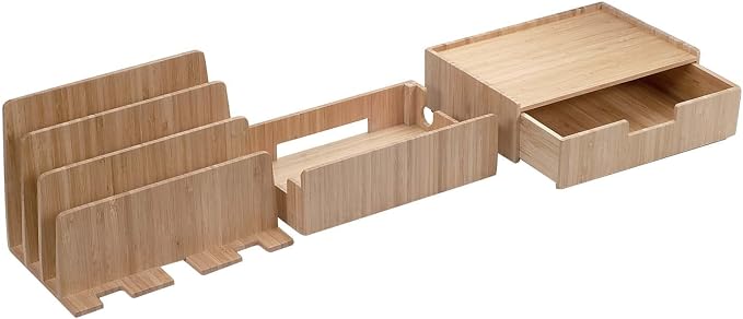Charging Station Stand Combo with Bamboo Drawer; Extra Storage for Smartphones, Tablets, Laptops & Organizer for Office Supplies and Stationary Items - Image 2