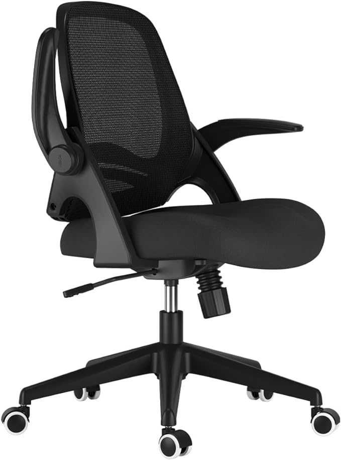 Hbada Office Desk Chair with Flip-Up Armrests and Saddle Cushion, Ergonomic Office Chair with S-Shaped Backrest, Swivel, Mesh, Black - Image 4