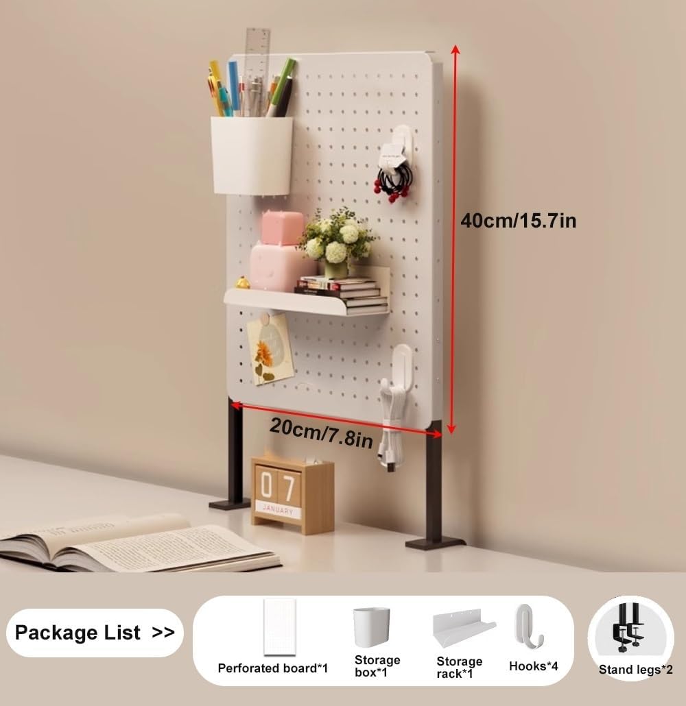 Clamp-on Desk Pegboard, Carbon Steel Desktop Pegboard Organizer with 4 Hooks, Standing Peg Board for Home Office, Desk Organizer Desk Accessories, No-Drill(7.8x15.7in) - Image 2