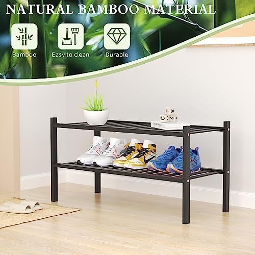 ROMGUAR CRAFT 2 Tier Bamboo Shoe Rack for Closet Free Standing Wood Shoe Shelf for Entryway Small Space Stackable 27"x11"x13" (Black) - Image 6