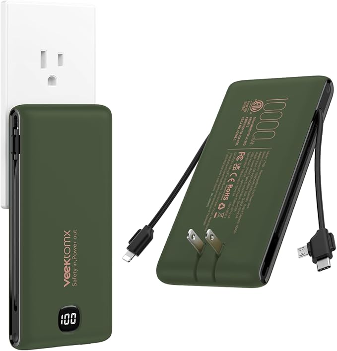 VEEKTOMX 10000mAh Portable Charger with Built-in Cables & Wall Plug | Fast Charging Slim USB-C Power Bank for iPhone, Samsung, iPad | 5 Outputs, Charges 4 Devices, ETL Certified, Green by VEEKTOMX