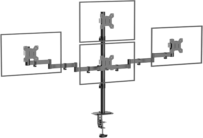 Pholiten Quad Monitor Mount for 13-32 Inch Screens | Fully Adjustable 4 Monitor Stand, Swivel, Tilt, Rotation, Clamp & Grommet Base Kit, 75*75/100*100MM Vesa Stand by PholitenMonitorArm