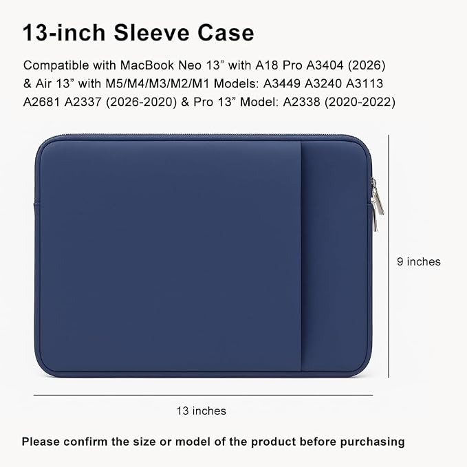 Laptop Sleeve for MacBook Neo/Air/Pro 13 inches A18/M5/M4/M3/M2/M1 Chip 2026-2020 A3404 A3449 A3240 A3113 with 2 Pockets Tablet Bag Case Accessories (Indigo) - Image 2