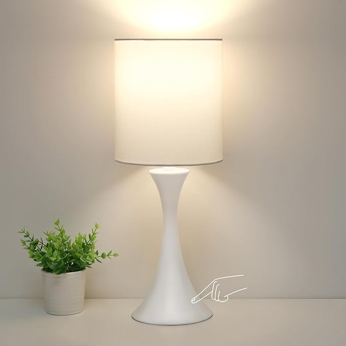 Modern Table Lamps, 3 Way Touch Control Table Lamp, Dimmable Desk Lamp, White Nightstand Lamp with Fabric Shade, Small Bedside Lamp for Living Room, Dorm,Home Office, LED Bulb Included by Seasidevillage