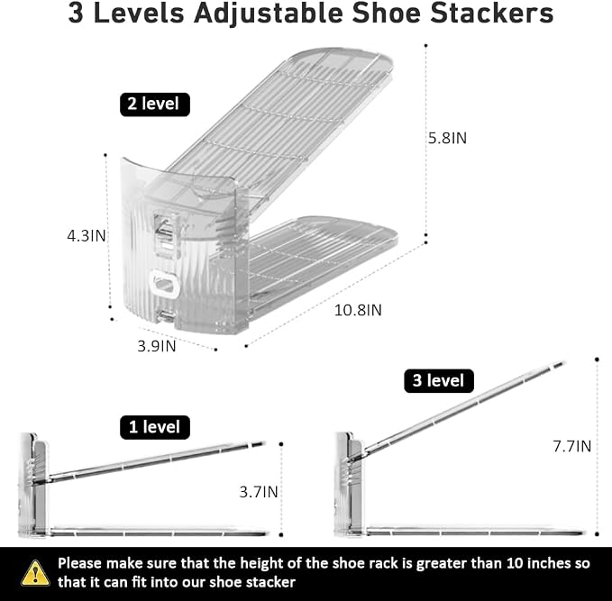 NVGSN 20Pack Clear Shoe Slot Organizer,Shoe Stacker,Storage Space Saver 50% | 3 Levels Adjustable Height 3.7''-7.7''shoe Organizer for Closet,Easy to Assemble shoe Rack Divider,Organizador de Zapatos - Image 5