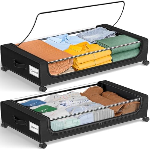 GoMaihe Under Bed Storage with Wheels 48L Black 2-Pack | Rolling Rangement Vetement sous le Lit - Containers for Clothes Shoes in Bedroom - Easy Pull-out by GoMaihe