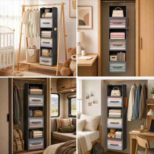 6-Shelf Hanging Closet Organizer with 3 Drawers & Side Pockets, Gray | Non-woven fabric, tool-free setup, ideal for bedrooms/dorms/RVs, 3 foldable transparent drawers for easy access - Image 6