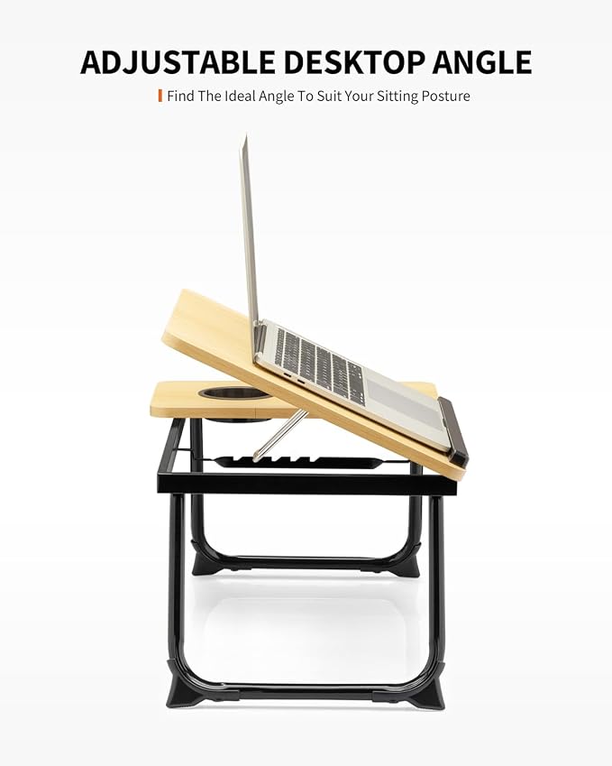 FISYOD Foldable Laptop Desk for Bed Couch, Adjustable Split Lap Desk with Cup Holder, Portable Lightweight Bed Table Tray, Heavy-Duty Laptop Stand for Working, Writing, Reading and Eating - Oak - Image 3
