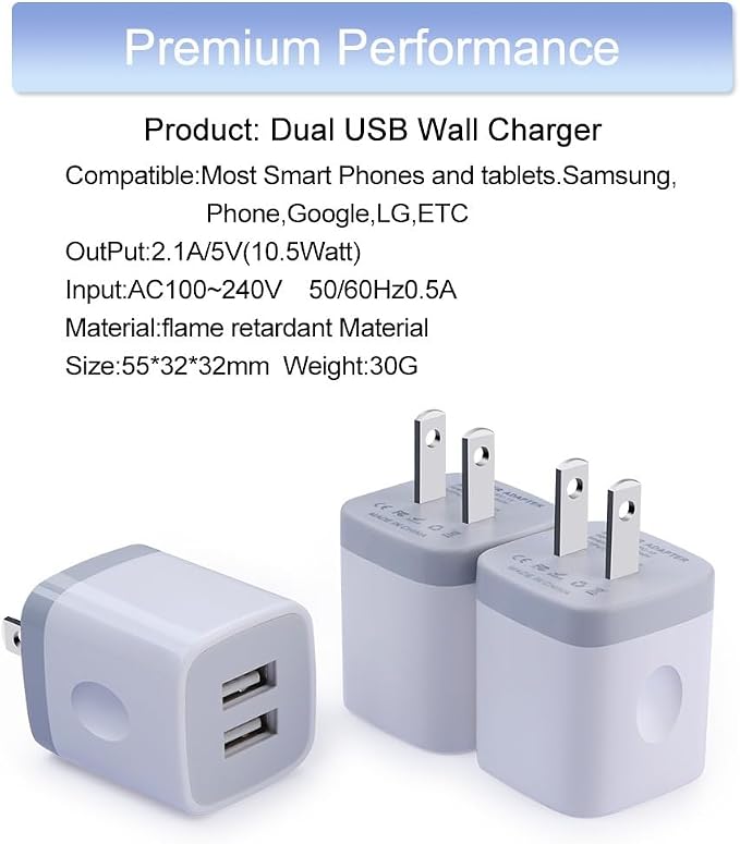 USB Wall Charger, Charging Adapter 3Pack 2.1A Dual Port USB Wall Charging Plug Block Head Box Travel Charger Cube Compatible iPhone 17 16 15 14 13 12 Pro Max XS XR 8 Plus,Pad,Pod,Samsung,Android Phone - Image 3