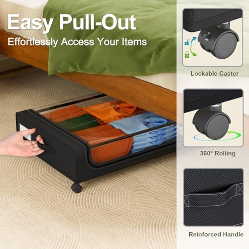 GoMaihe Under Bed Storage with Wheels 48L Black 2-Pack | Rolling Rangement Vetement sous le Lit - Containers for Clothes Shoes in Bedroom - Easy Pull-out - Image 2
