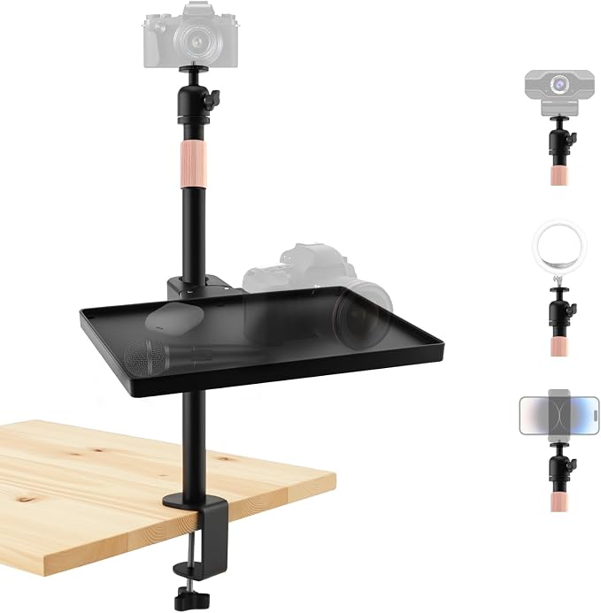 Extendable Camera Desk Mount w Detachable Tray for DSLR Live Stream Vlog | 17.7-28.74" Adjustable height. 8.93"x6.75" Tray holds 4.4lb. 1/4" Ball head 360° rotation.Fits desks up to 2.36". Tool-free by Unknown