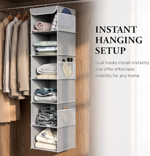 Simple Houseware 6 Shelf Hanging Closet Organizer, Gray | 360° Rotating Dual Hooks, Top Support Metal Frame, 6 Side Mesh Pockets - Image 6