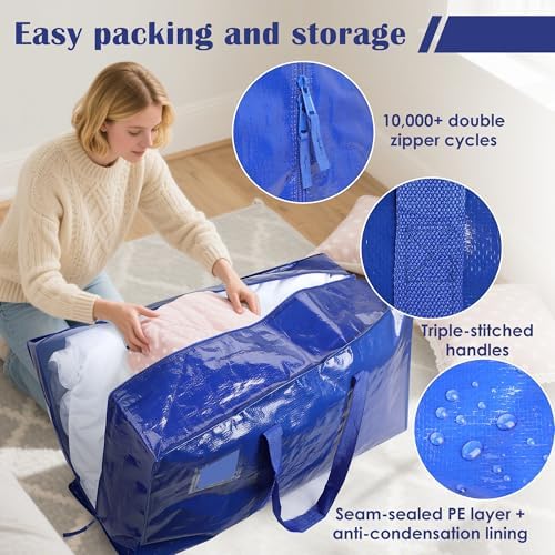 12 Pack Moving Bags with Full-Open Side Zipper, Extra Large 93L Heavy Duty Waterproof Foldable Storage Totes for College Dorm, Moving & Home Organization Blue - Image 3