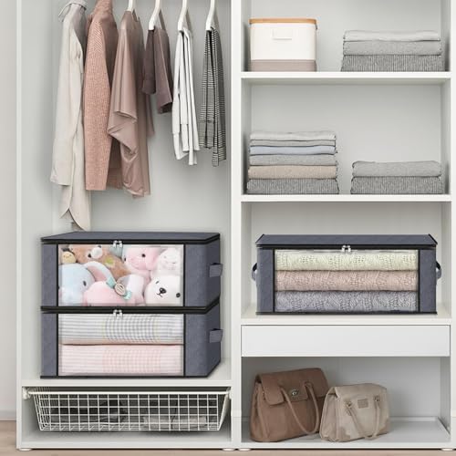 HomeHacks Storage 4-Pack Clothes Organizer Storage Bags Foldable Storage Box with Large Clear Window Sturdy Handles for Closet, Dorm, Pillows, Bedding, Clothes, Stuffed Toys, Blankets, Grey | Foldable Storage Box Container with Zippers, Clear Window, R... - Image 5