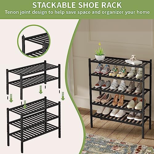 ROMGUAR CRAFT 2 Tier Bamboo Shoe Rack for Closet Free Standing Wood Shoe Shelf for Entryway Small Space Stackable 27"x11"x13" (Black) - Image 5