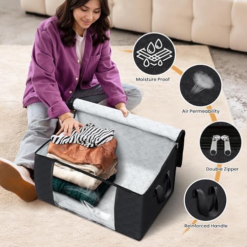 Fab totes 4 Pack Storage Bags for Clothes Blanket Storage Bins with Lids | Foldable Closet Organizers with Zippers,Window and Handles,Fabric Storage Bins for Sweater,Comforter,Bedding,Dorm essentials - Image 4