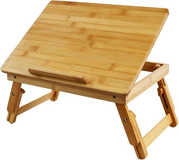 WKWKER Bamboo Laptop Desk with Folding Legs Tilting Surface Workstation Table Adjustable Laptop Stand Bed Tray for tv Sofa Study Computer Ipad Book (Natural) by WKWKER