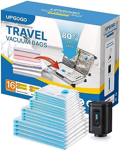 UPGOGO Combo 16 Pack Travel Vacuum Bags with Portable Electric Pump, Space Saver Vacuum Storage Bags for Clothing and Luggage, Travel Essentials by UPGOGO