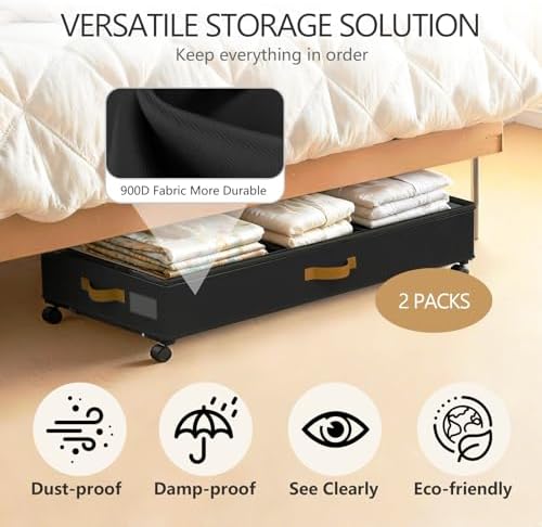 Under Bed Storage with Wheels 2-Pack, 75L XXL Under the Bed Storage Containers Large, 12" Tall Adjustable Storage for Underbed with Lids, Rolling for Clothes, Shoes, Blankets (Black) - Image 5