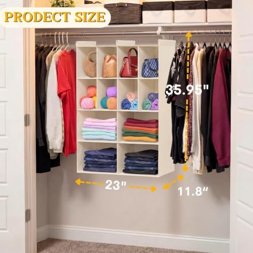 4 Tier Hanging Closet Organizer, 12 Compartments Dual Row Storage, Beige | Closet Organizers and Storage with Large & Small Cubbies, 3 Sturdy Hooks Support Heavy Loads, for Dorm, RV, Garment Rack - Image 3