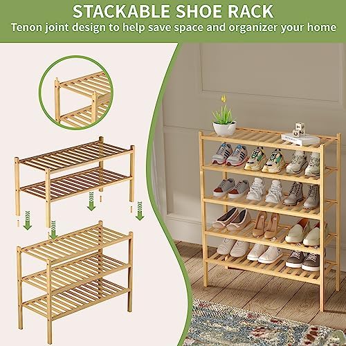 ROMGUAR CRAFT 2 Tier Bamboo Shoe Rack for Closet Free Standing Wood Shoe Shelf for Entryway Small Space Stackable 27"x11"x13" (Natural) | Free Standing Shoe Shelf Storage Organizer for Entryway Small Space Stackable - Image 5