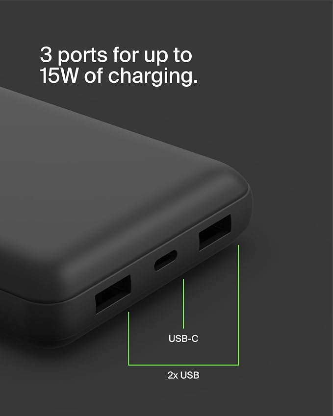 Belkin 20000mAh 15W 3 Port Power Bank, USB A to USB C Cable Included | Fast Charging, iPhone 17, Samsung Galaxy, Pixel, Airpods, iPad, Nintendo Switch 2, Battery Pack, USB C Port, USB A Port - Image 9