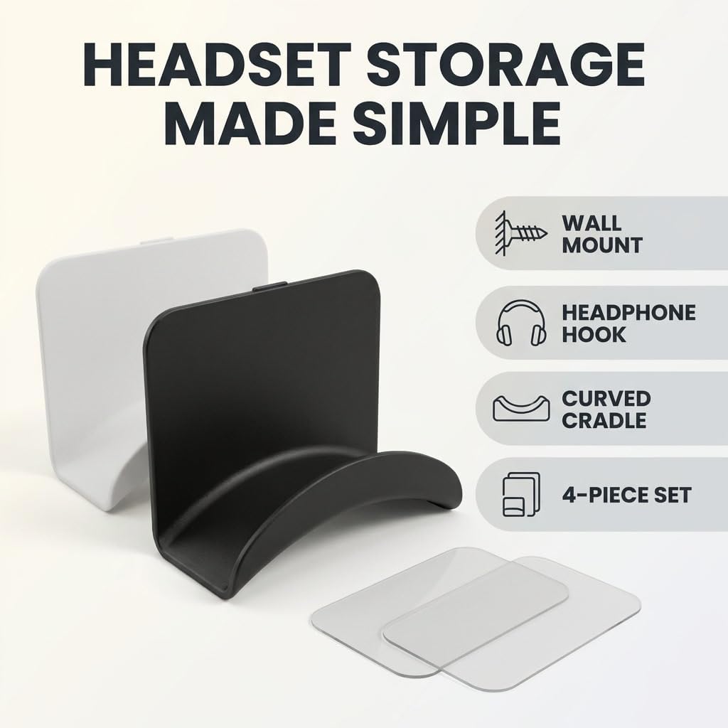 4Pcs Headphone Bracket, Wall-Mounted Headphone Holder, Stick-on Headset Hook Stand, Gaming Earphones Hanger(Black and White) - Image 2