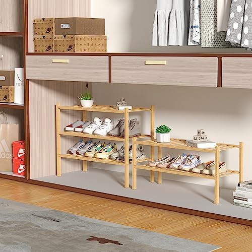 ROMGUAR CRAFT 3 Tier Bamboo Shoe Rack for Closet Free Standing Wood Shoe Shelf Storage Organizer for Entryway Small Space Stackable 27"x11"x20" (Natural) - Image 4