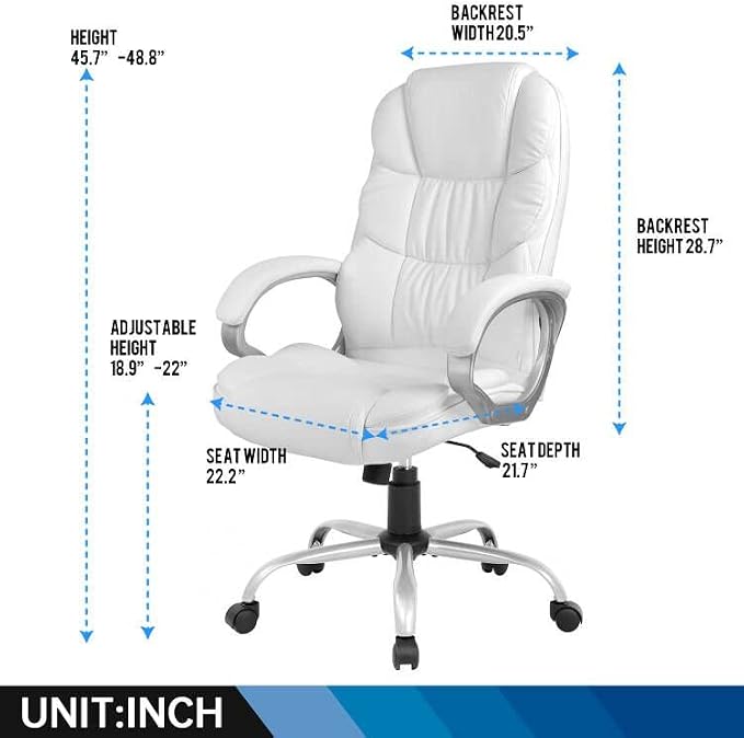 Office Chair Computer High Back Adjustable Ergonomic Desk Chair Executive PU Leather Swivel Task Chair with Armrests Lumbar Support (White) - Image 3