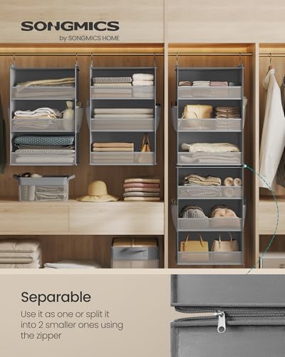 SONGMICS Widened Hanging Closet Organizer, 6-Tier, Separable，2 Pack | Foldable,Fabric Storage Shelf with 4 Side Pockets, Metal Hooks and Bamboo Inserts, Dove Gray, TINA Collection URCH008G01 - Image 3