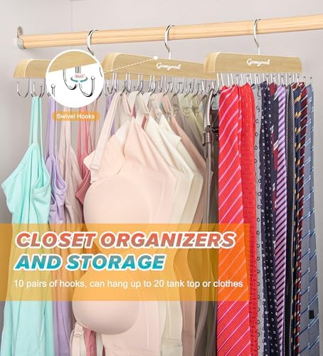 Gomyrod Tank Top Hanger, 1 Pack w/20 Hooks Bra Hanger for Closet Organizer | Premium Wood Space Saving Hanger, 360°Rotating Closet Organizers and Storage, Multi Hook Hanger for Dorm & Apartment - Image 5