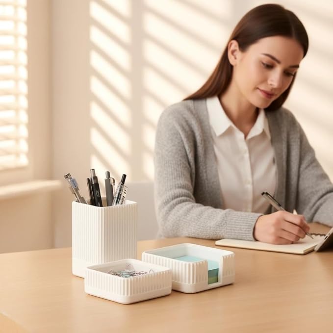 Aesthetic Desk Organizers and Accessories Set of 3 with Pen Holder,Paperclip Holder,Sticky Note Holder - Durable Plastic Pencil Holder for Office Women Men-Teacher Appreciation/Back-to-school Gift - Image 2