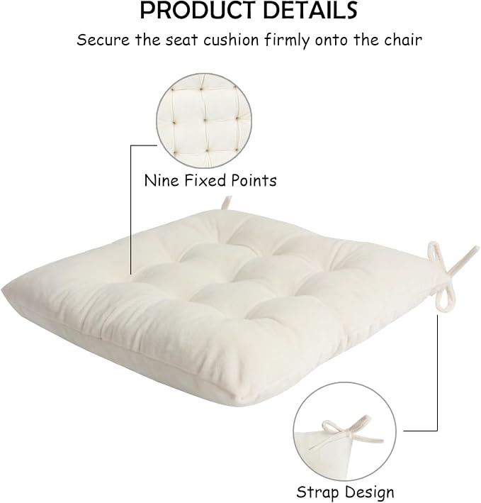 2 Pack Square Seat Cushion Chair Pads for Kitchen Dining Chairs, Soft Comfort Velvet Chair Mat Pillow Cushions with Ties for Office Desk Living Room Tatami 15.5", Ivory - Image 4