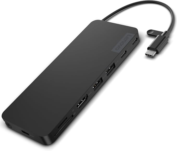 Lenovo USB-C Slim Travel Dock, 8 Ports, Up to 65W PD Pass Through, Integrated USB-C Cable, 4K Display Support, Black by LENOVO