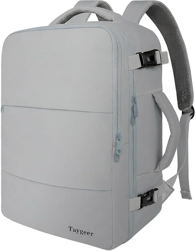 Taygeer Carry On Backpack for Men Women, Travel Backpack with Shoe Pouch | Laptop Mochila 17.3inch Flight Approved with Water Bottle Pocket, College Teacher Tote Bag for Business Travel, Grey by Taygeer